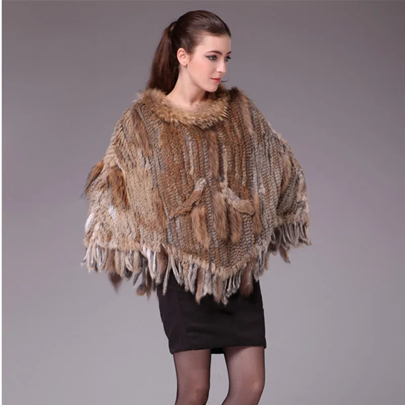 

Autumn Winter Women's Genuine Real Knitted Rabbit Fur Poncho with Tassels Lady Pashmina Cloak Shawls Female Wrap VF0569