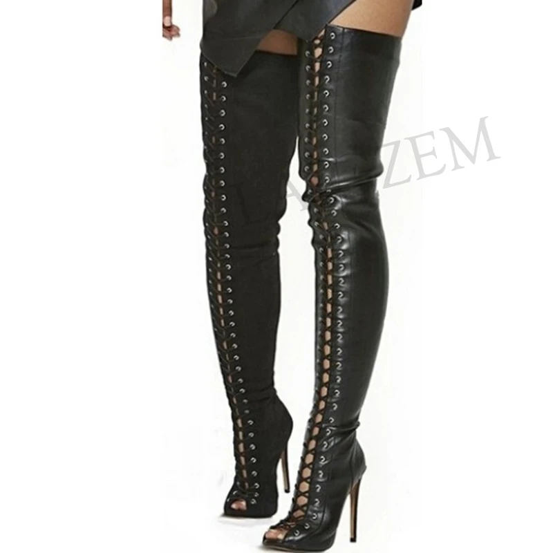 

LAIGZEM Women Thigh High Boots Faux Leather Front Lace Up Party Heeled Boots Shoes Botines Mujer Botas Large Size 39 42 45 49 52