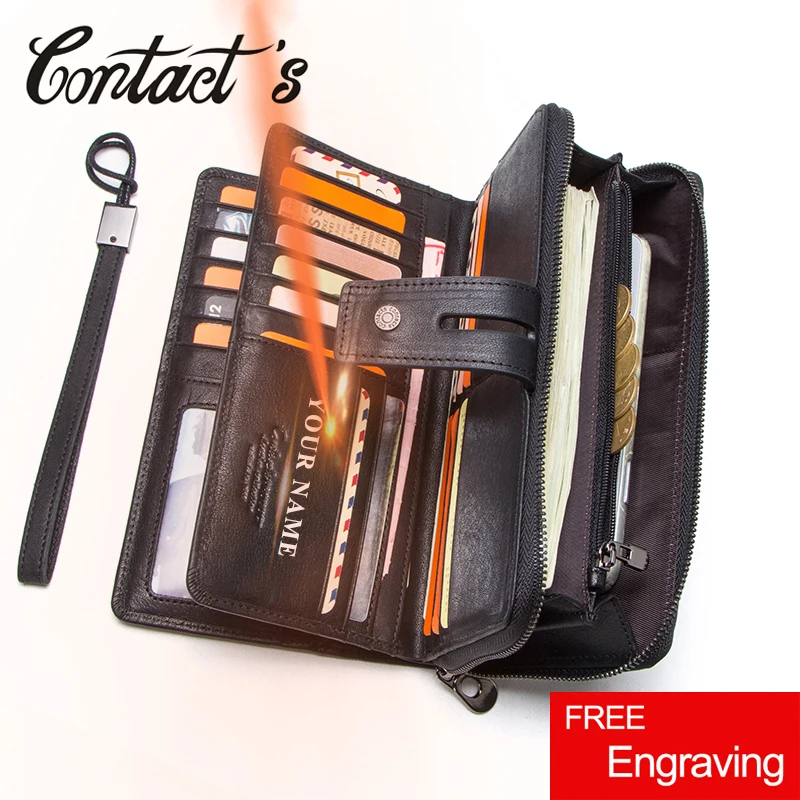 Contact's Genuine Leather Long Wallet Large Capacity Men Coin Purse Male Clutch Wallets Cell Phone Bag Portomonee Card Holder