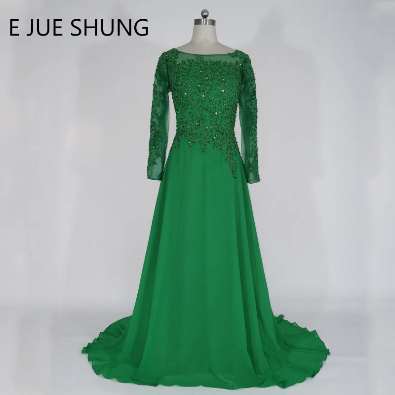 

E JUE SHUNG Green Chiffon Long Sleeves Evening Dresses Long Lace Appliques Beaded Formal Dresses Mother of the Bride Dresses