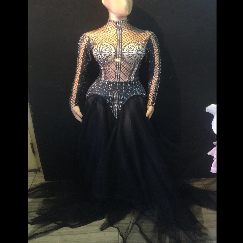 Novo vestido sexy de malha transparente preto de strass intermitente feminino comemore a roupa do baile de formatura vestido de dançarina cantor trajes