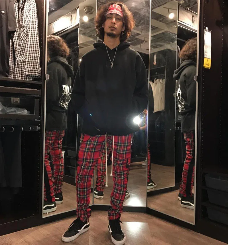 2020 New Fashion Men Sweatpants Hip Hop Pants Red Plaid Streetwear Zipper Slim Pencil Pants men Trousers Jogger Pants