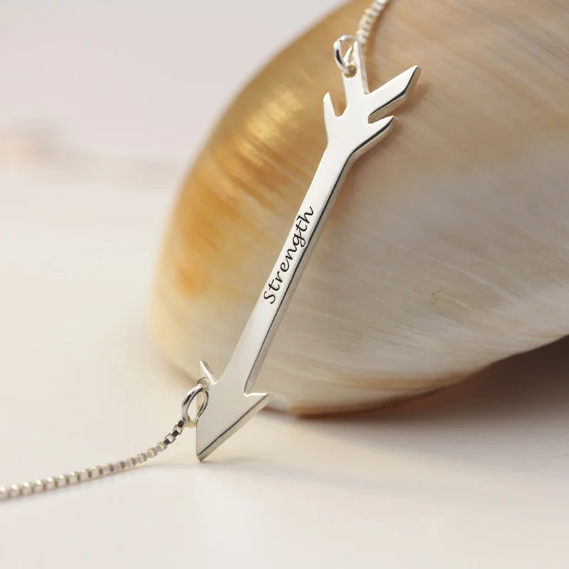 Solid Silver Engraved words Customized Arrow pendant Necklace Personalized Statement Fashion Jewelry Christmas Kids Gift