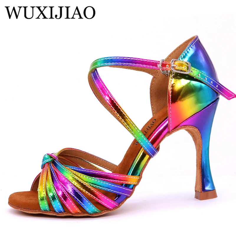 Women's  Rainbow Latin Dance Shoes Colors bright PU Salsa elegant Ballroom  soft outsole Cuba high Heel 9cm