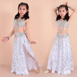 Belly Dance Children Indian fringe skirt Costume Set 3-pieces/set (bra+belt+dress) Bollywood Dance Costumes for Girls 8 colors