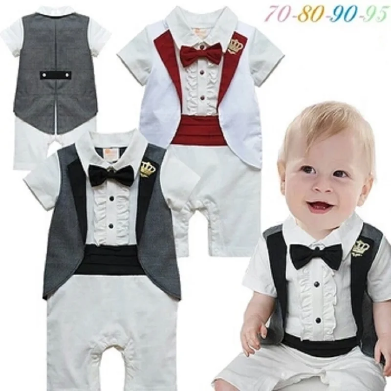 

Gentleman Baby Boys Clothes Newborn Rompers Tuxedo Costumes Baby Jumpsuits Tails Jacket Vest Cotton Crown Boy Outfits Full Dress