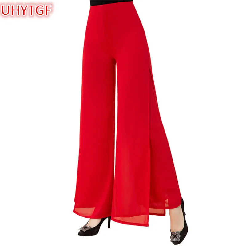 UHYTGF Summer Chiffon Woman High Waist Pants 2022 Thin Wide Leg Flared Pants Women Fashion Thin Red Big Size Trousers Female 228