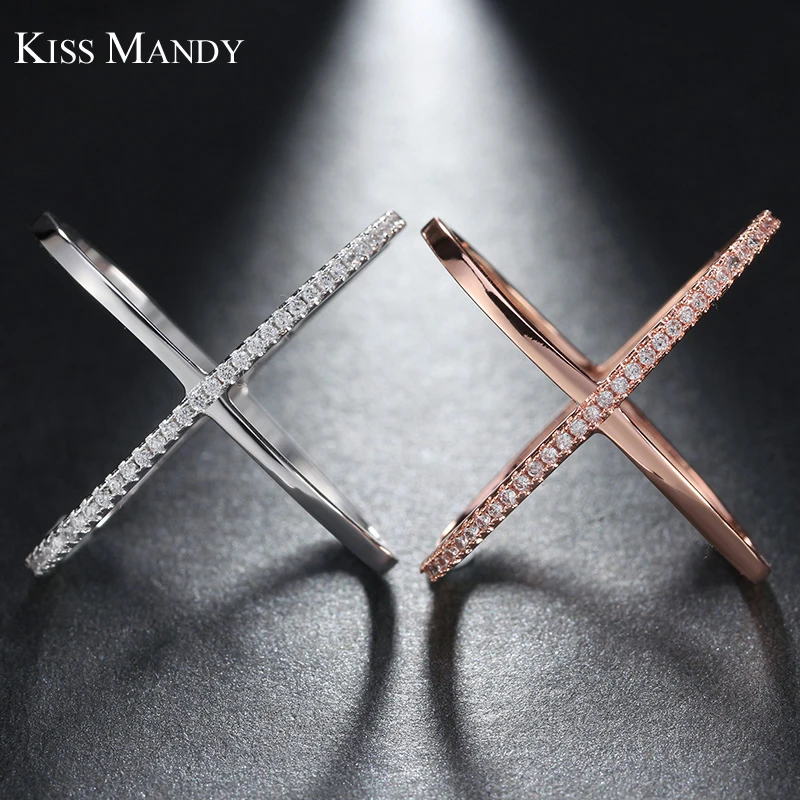 

KISS MANDY New Design X Shape Cross Rings Fill Paved for Women White Rose Gold Plated CZ Diamond Statement Infinite Ring LR66