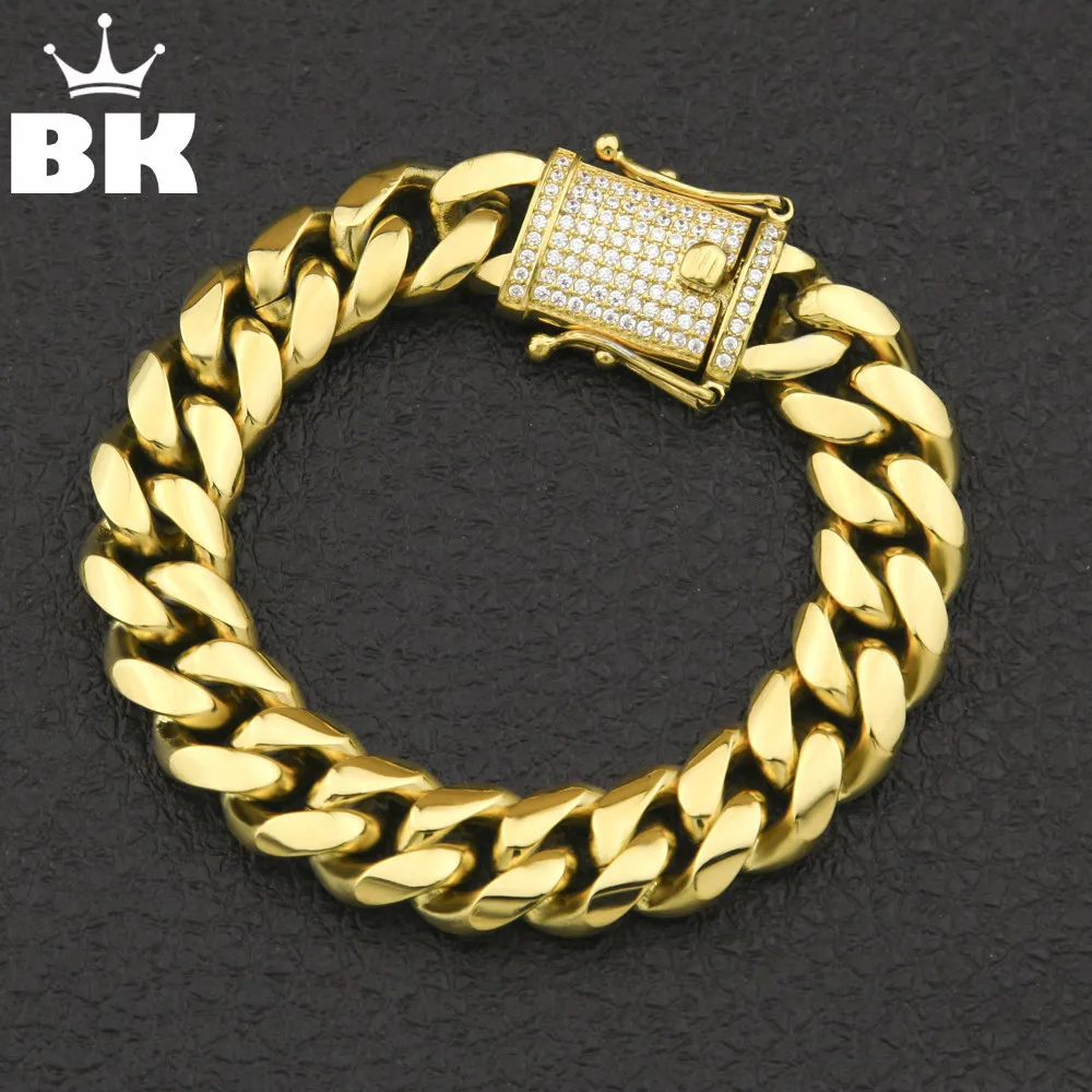 12mm/14mm CZ Stainless Steel Cuban Link Bracelet Gold Silver Color Plated HipHop Micro Paved CZ Mens Miami Bangle 7inch/8inch