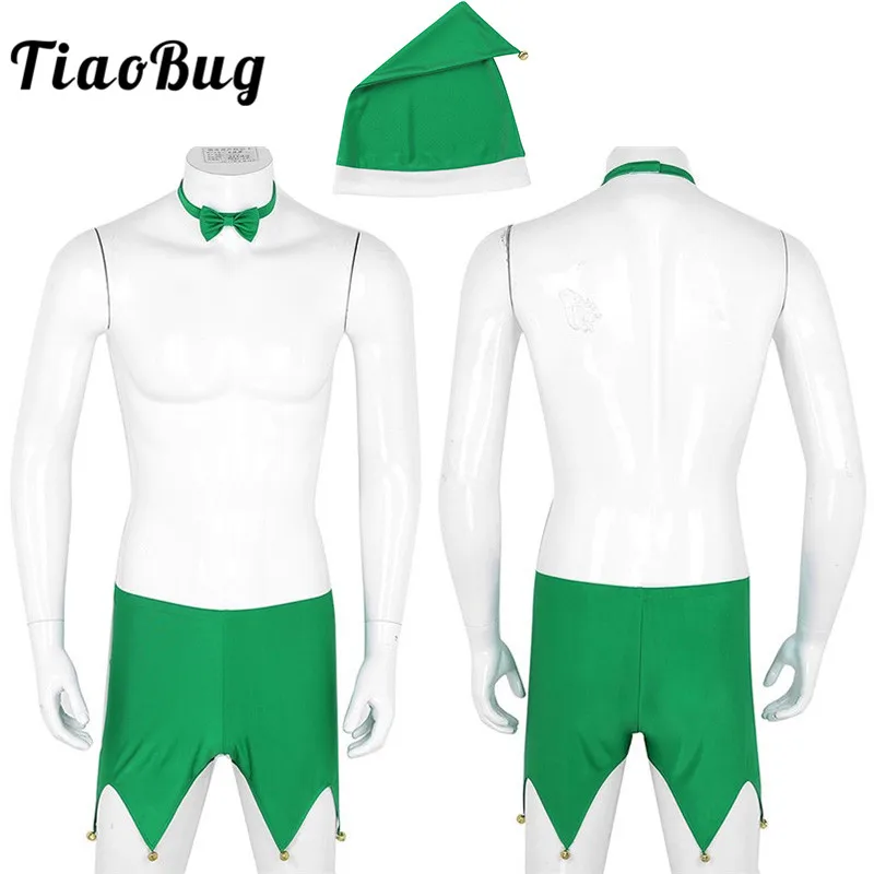 

TiaoBug Men Green Boxer Shorts with Hat Bow Tie Set Adult Christmas Elf Costume Fancy Xmas Party Sexy Male Role Play Underwear