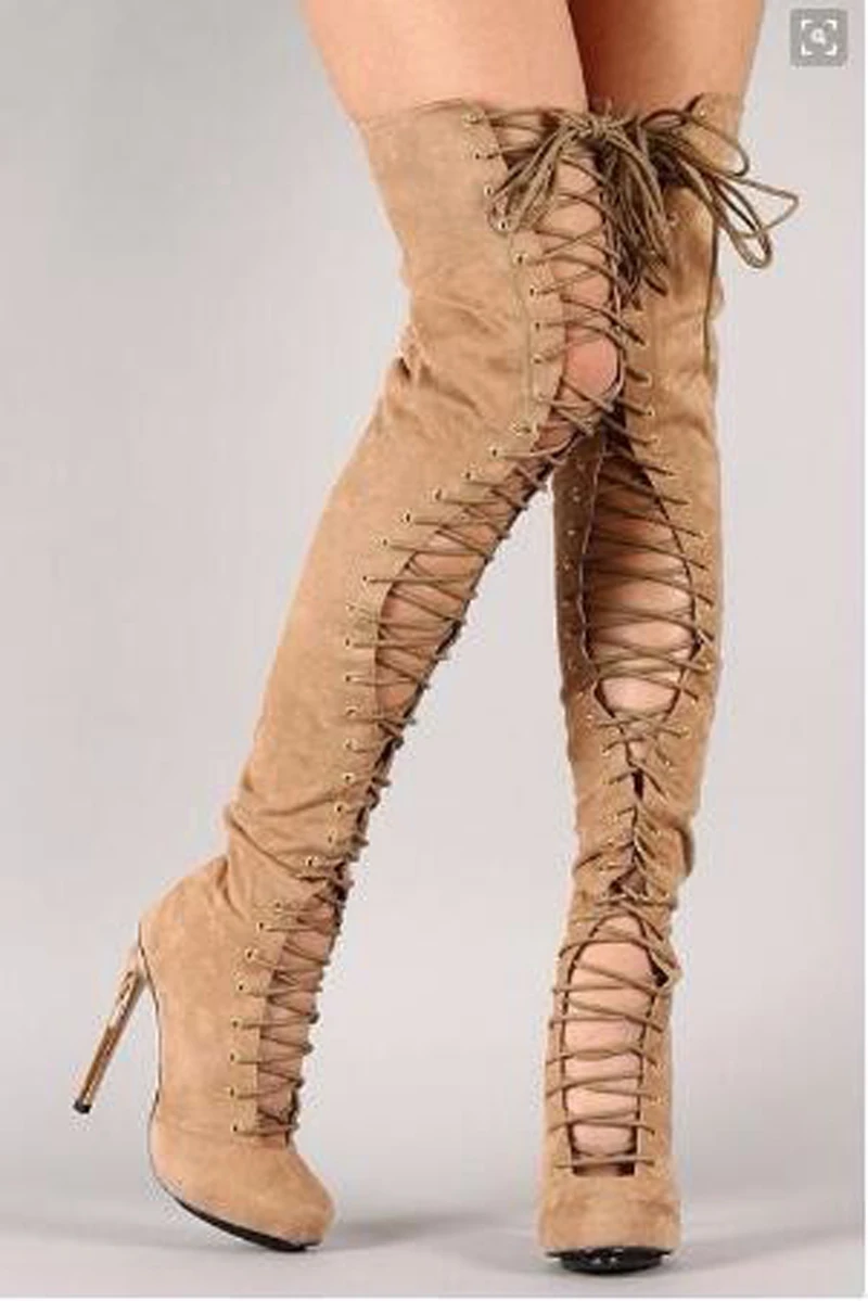 Hot Selling Women Round Toe Suede Leather Lace-up Over Knee High Heel Boots Stiletto Heel Cut-out Long Gladiator Boots