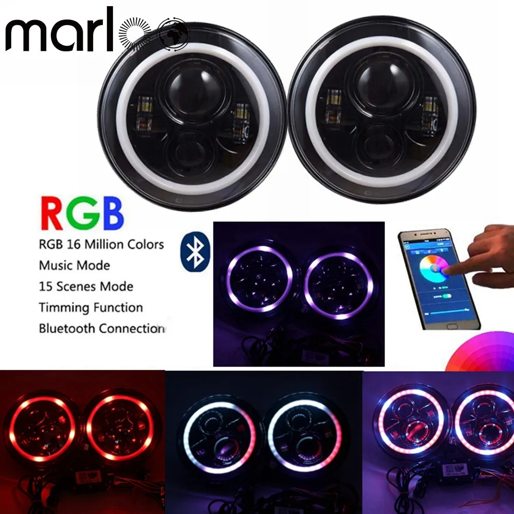 2pc 7 inch LED Headlights RGB Halo Ring Angel Eyes 7