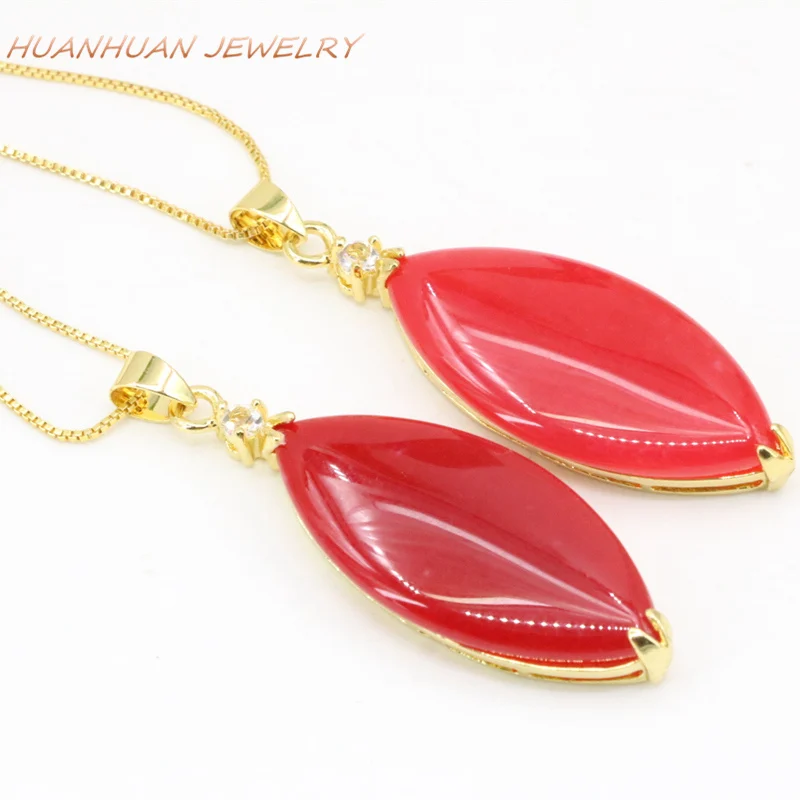 

17x48mm Stainless Steel Red Jades Natural Stone Chain Pendant For Women Chalcedony Marquise Shape Necklace Pendants Jewels B3346