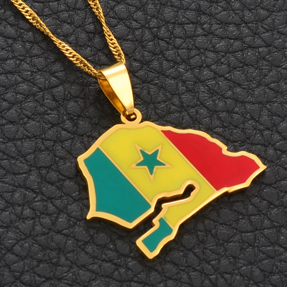 Anniyo  Senegal Map Flag Pendant Chain Necklaces Gold Color Jewelry Country Maps Senegalese Patriotic  #111921