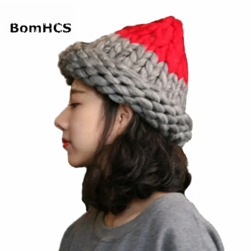 BomHCS Winter Thick warm Beanies Handmade Knitted Coarse Lines Hat Patchwork  Cap Women Accessories