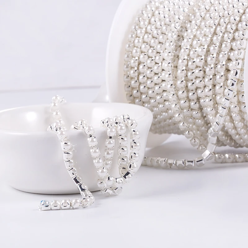 New Arrivals 10yards/roll ABS Pearl Chain SS6 SS12 (2mm-3mm) Silver Base Cup Pearl Chain Apparel Sewing diy Beauty Accessories