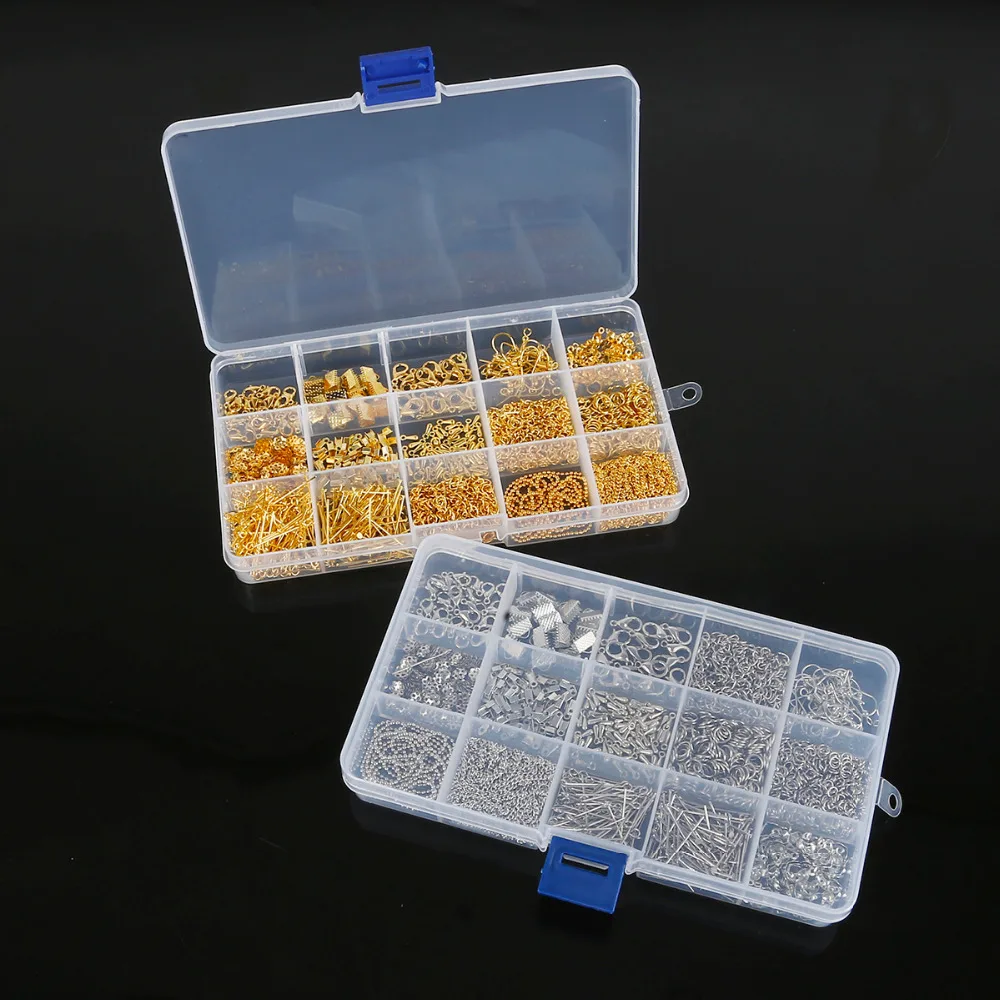 Hot Sale  15Grid/Box Gold/Rhodium Metal Chain Lobster Hook Single Rings Chain Flower Beads Kits For DIY Earring Jewelry Making
