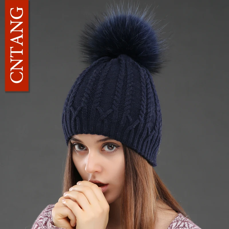 Women Double Deck Knitted Wool Hat Winter Natural Raccoon Fur Warm Caps Female Pom Pom Hats Ladies Fashion Skullies Beanies Cap