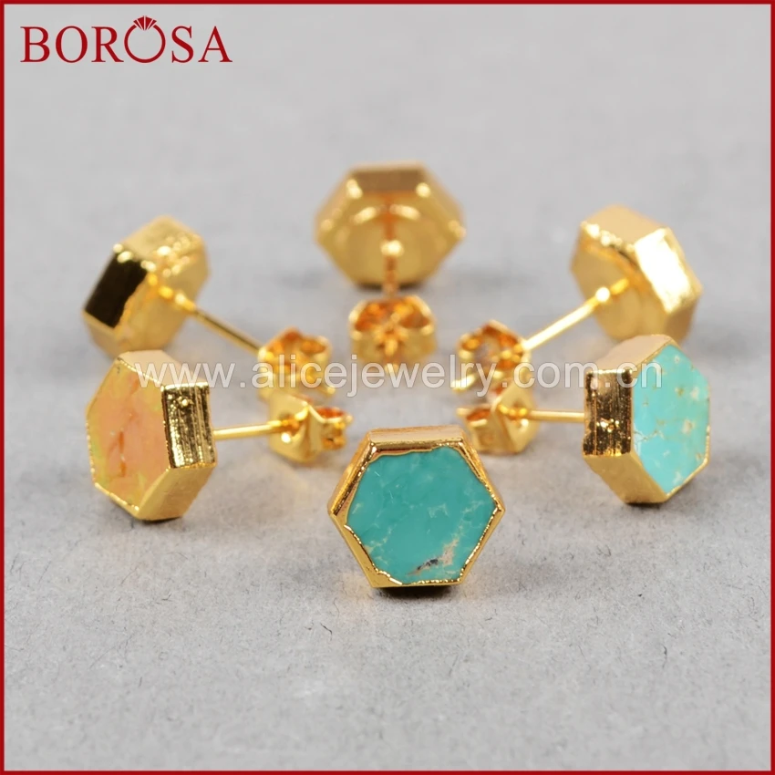 

BOROSA Hexagon Quartz Stud Earring For Women 100% Natural Blue Stone Turquoises Druzy Stud Earrings Quartz Crystal Jewelry G0611