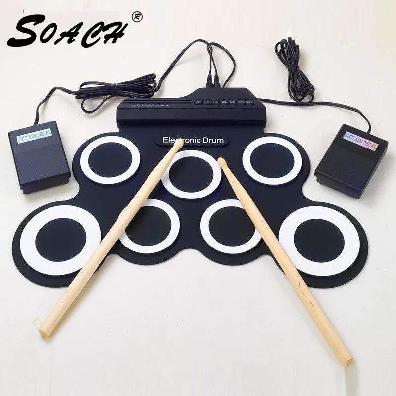 SOACH 7 Pads Portable Digital USB Hand Roll Drum Foldable Silicone Electronic Drum With Drum Sticks Electric Muscial Instrument