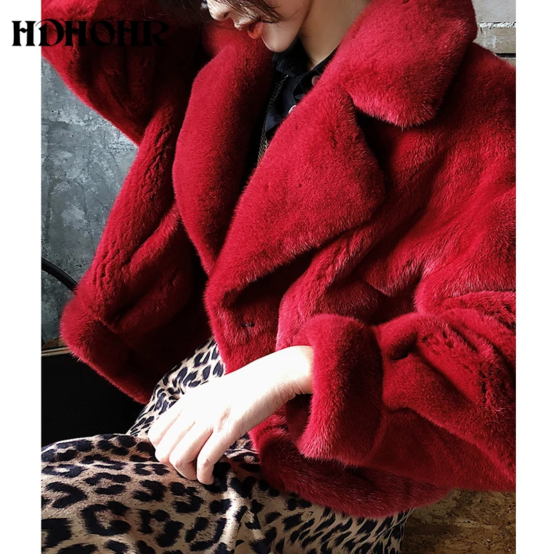 HDHOHR 2024 New 100% Real Mink Fur Coat Women Fashion Essential Natural Mink Coat Short Christmas Red Outerwear Winter Jacket