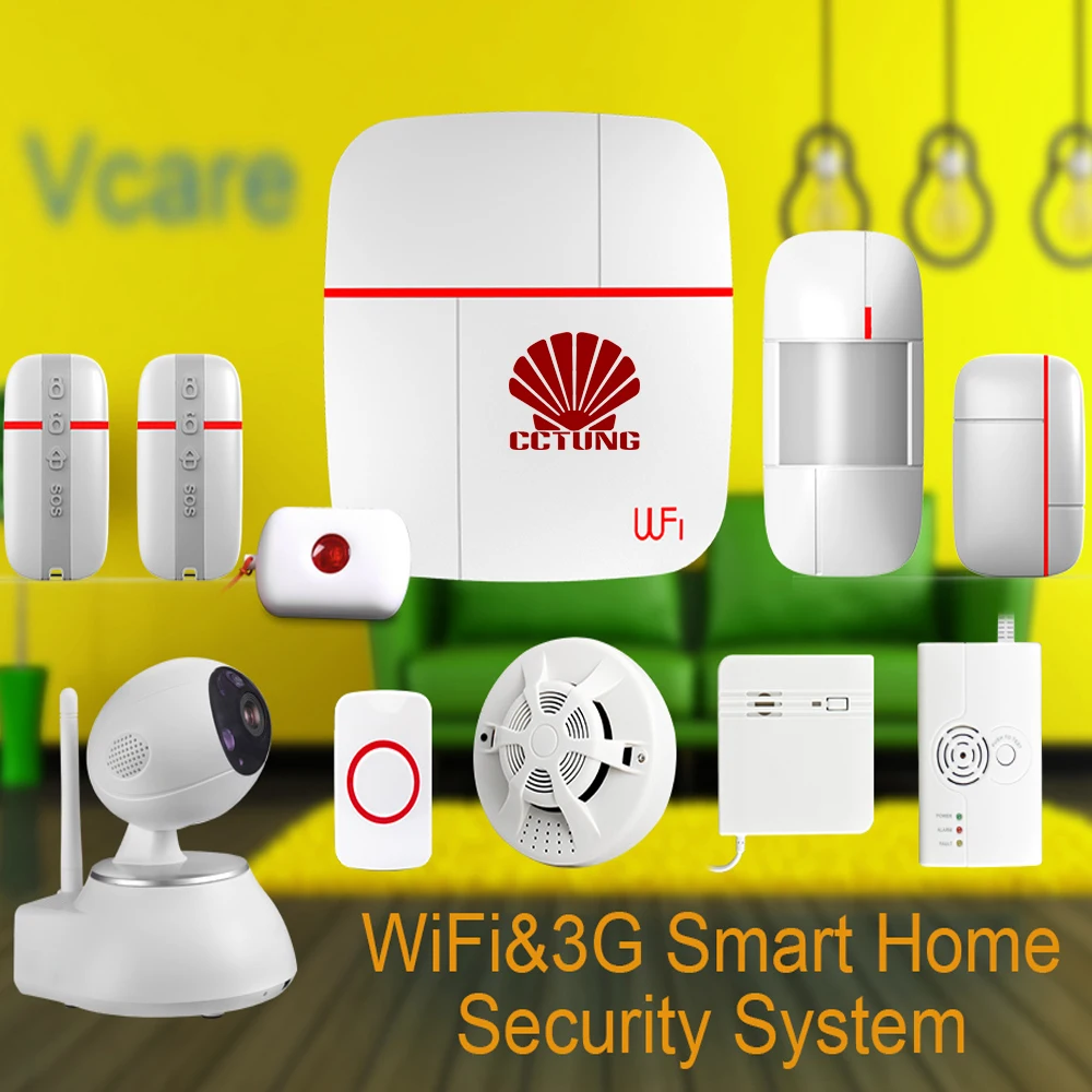 Ver C Vcare WIFI WCDMA 3G Smart Home Alarm Security System with Wireless Detector Sensor SOS Button & PTZ HD IP Camera Combined