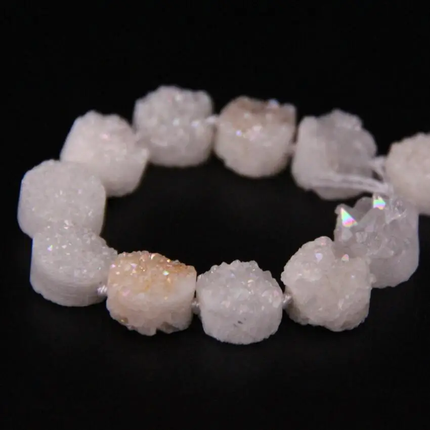 16PCS/strand White AB Titanium Quartz Geode Drusy Flat Round Cabochons Beads,Roug Agates Crystal Druzy Coin Slab Nugget Pendants