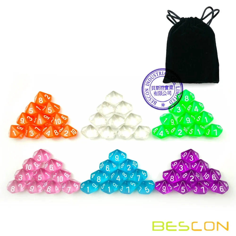 60pcs Assorted Colored Translucent D10 (1-10) Pack,6X10pcs 10 Sides Dice Transparent Polyhedral Dice D10 Set in Drawstring Pouch