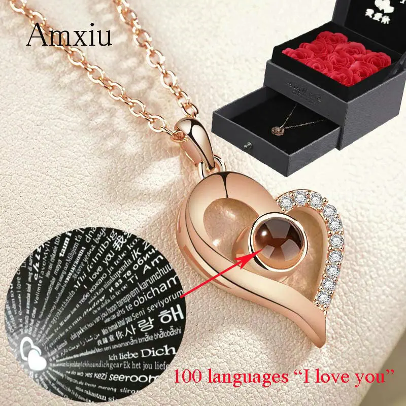 

Amxiu Personalized 925 Silver Heart Necklace Projection 100 Languages I Love You Choker Necklace For Women Special Unique Gift