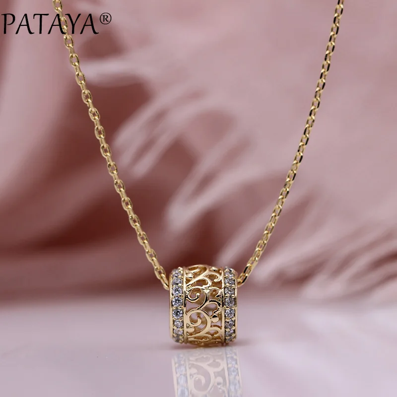 PATAYA New Round Long Necklaces Micro-wax Inlay Natural Zircon Luxury Hollow Pendants 585 Rose Gold Color Women Fashion Jewelry