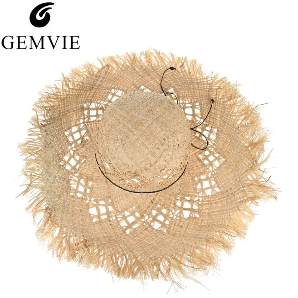 

GEMVIE New Fashion Wide Brim Large Fields Straw Hats For Women Hollow Out Hat Beach Sun Hats Fluff Floppy Summer Caps Boater