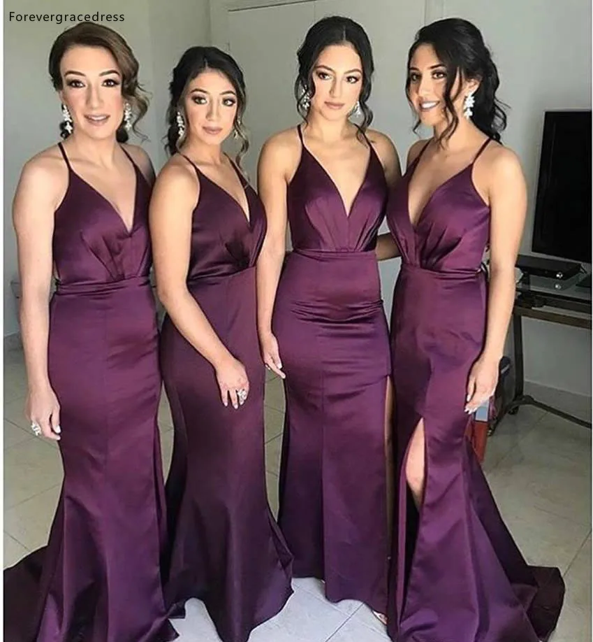 Dark Purple Long Bridesmaid Dress Deep V Neck Summer Country Garden Formal Wedding Party Guest Maid of Honor Gown Plus Size