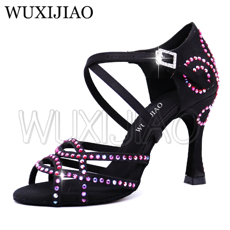 WUXIJIAO Salsa Dance SParty Dance Shoes Satin Shining rhinestones Soft Bottom Latin Dance Shoes Woman Salsa heel 5cm-10cm