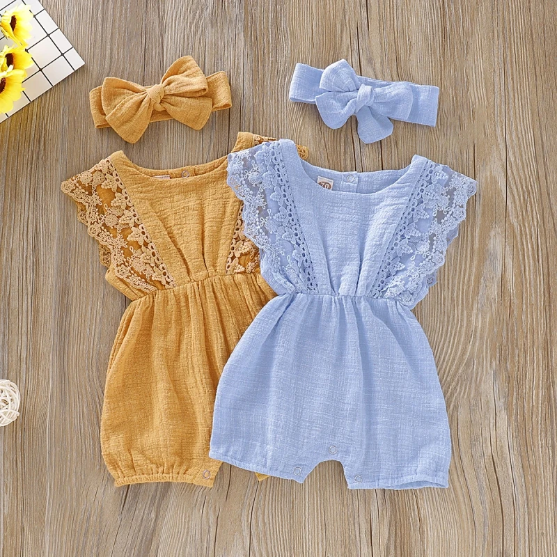 Summer Baby Girl Rompers Newborn Baby Solid Lace Design Romper Clothes Toddler Flare Sleeve Jumpsuit With Headband One-Pieces