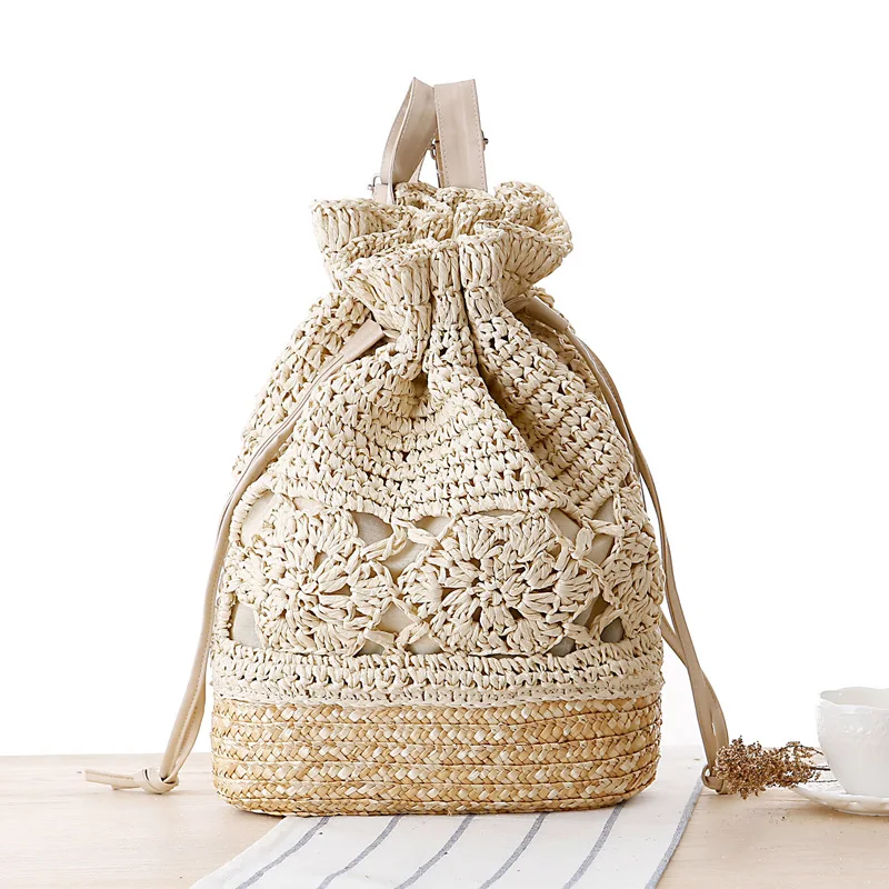 Women\'s Backpacks Summer Straw Bags Drawstring Flower Hollow Out Handmade Knitted Travel Backpack Design For Girls B-019