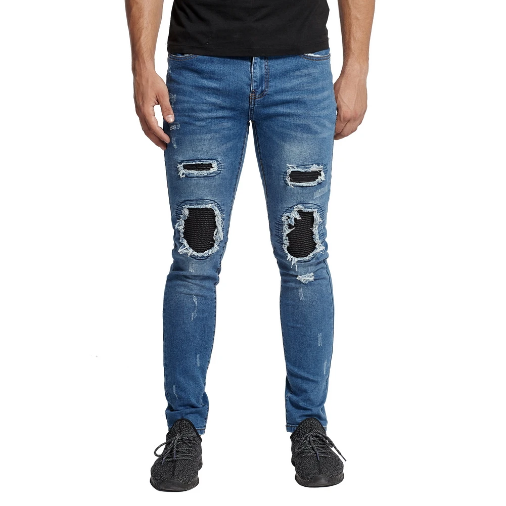 New Men Tapered Leather Knee Biker Jeans Fashion Casual Designer Brand Stretch Skinny Jeans