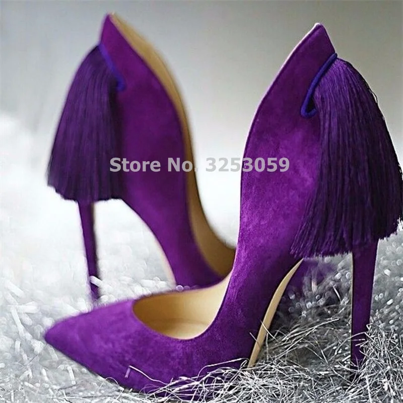 

ALMUDENA Graceful Purple Red Suede Pointed Toe Fringe Pumps Stiletto Heels Tassel Wedding Shoes Celebrity Banquet Pumps Dropship