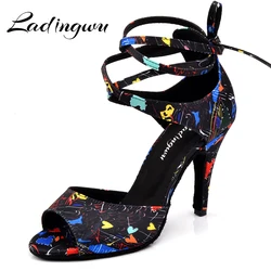 Ladingwu New Modern Floral Satin Salsa Dance Shoes Woman Girls Simple Style Latin Dance Shoes Soft Bottom Ballroom Dance Shoes