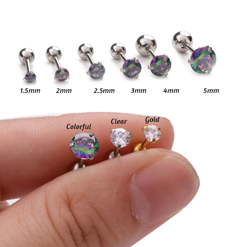 2pcs 1.5-5 มม.Rainbow CZ ต่างหูกระดูกอ่อน Helix Tragus Conch STUD 20g สแตนเลสหูเจาะเครื่องประดับ