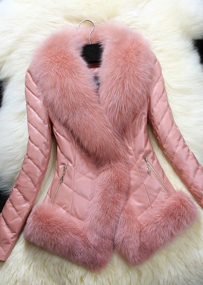 Fox Fur Big Collar patchwork Overcoat Women\'s Winter New Coat long Sleeve Female Jackets PU Leather jacket faux fur Coats L1222