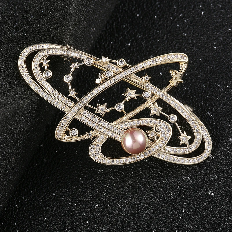 creative luxury planetary solar system crystal rhinestone pearl brooches pins for women party gifts women brooches jewelry