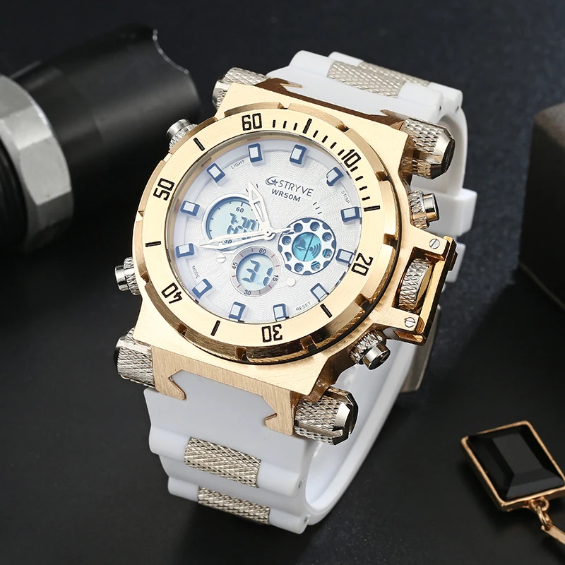 STRYVE Watch Men Sport Quartz Clock Mens Watches Top Brand Luxury Led Digital Waterproof white Wrist Watch Relogio Masculino