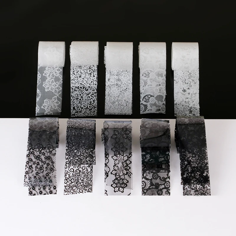 10 Rollen 2,5*60cm Neue Schwarz-Weiße Spitzen-Transferfolie Nagelkunst Sexy Vollfolien Blumen Klebstoff DIY Maniküre Styling-Werkzeuge – Detail 4