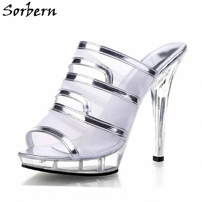 Sorbern Silber Frauen Hausschuhe Plus Größe Frauen Rutschen Chaussure Femme 2019 High Heels Damen Party Hausschuhe Sommer Stil Schuhe