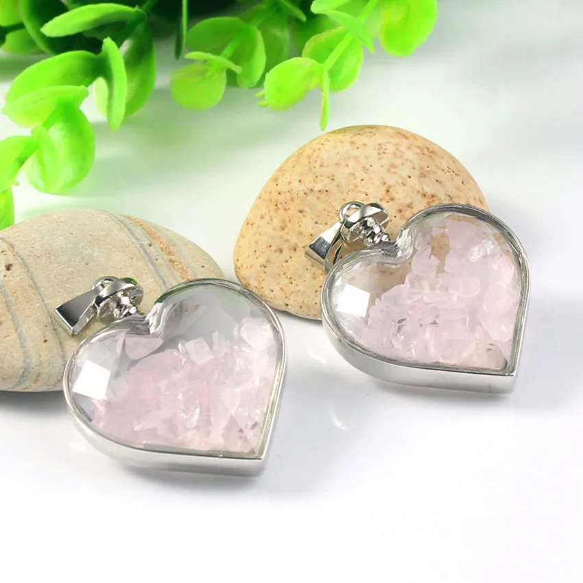 100-Unique Silver Plated Romantic Heart Wishing Bottle Natural Rose Pink Quartz Pendant Elegant Women Jewelry