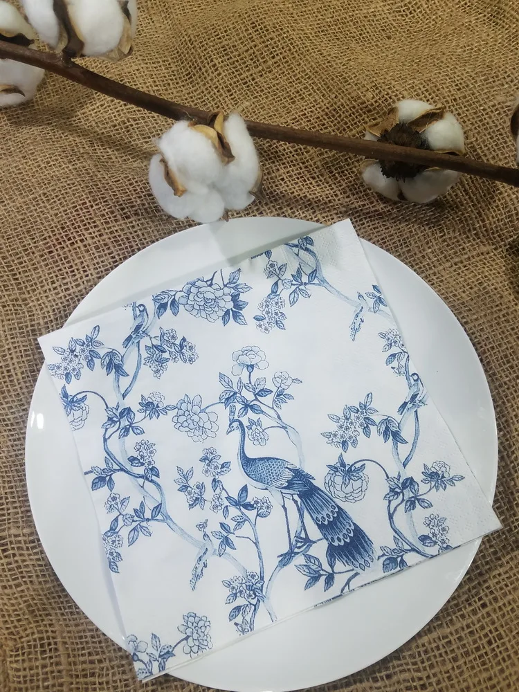 20枚のビンテージテーブルナプキン,孔雀の花がプリントされた青と白の紙,結婚披露宴の装飾