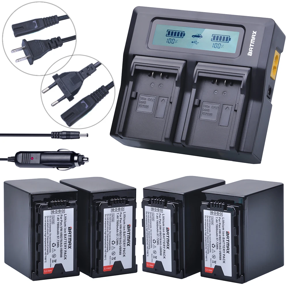 4Pcs 7800mAh VW-VBD78 VBD78 Battery + Rapid LCD Dual Charger for Panasonic VBD58 VBD29 AJ-HPX260MC,HPX265MC,PX270,AG-FC100,MDH2