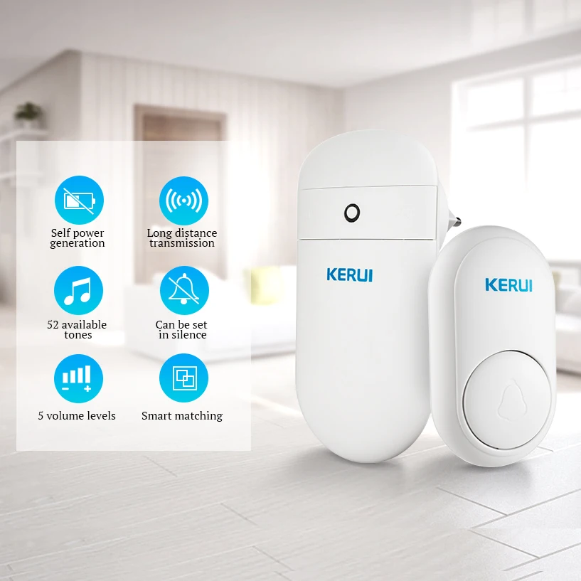 KERUI M518 Wireless Self Generation Button 52 songs Optional 5 Volume Levels No Need Battery Welcome Self Powered Doorbell