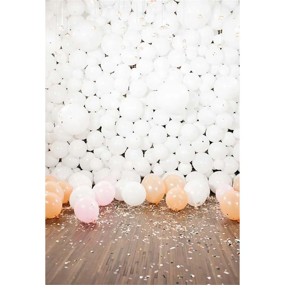 

White Balloons Kids Birthday Party Backdrop for Photography Printed Flowers Petals Indoor Children Photo Backgrounds Wood Floor