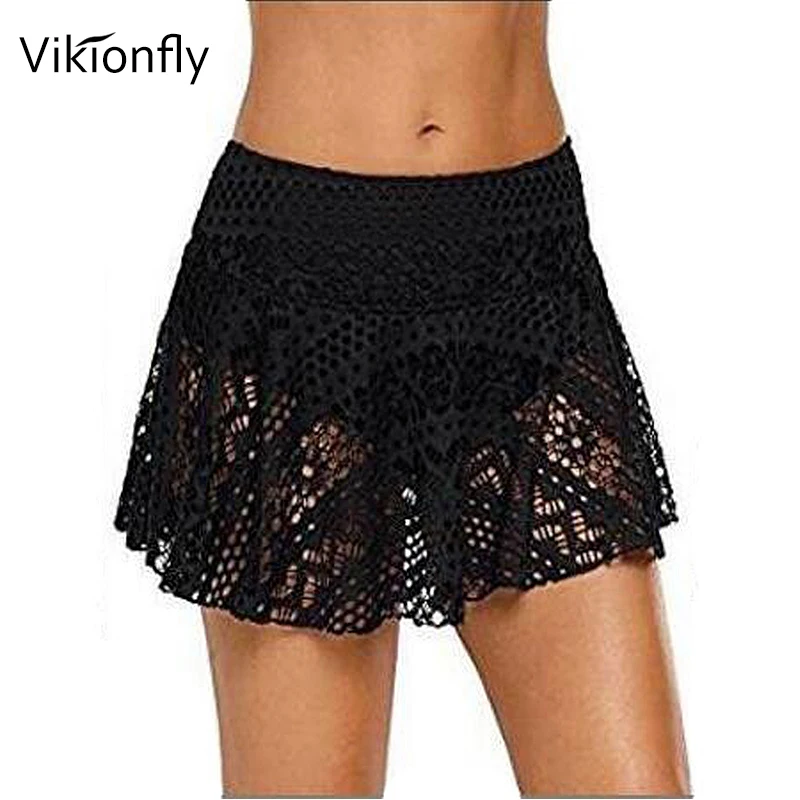 Vikionfly Lace Up Beach Dress Bikini Bottom Surfing Shorts With Skirt Women\'s Swimming Trunks Crochet High Waist Swimwear Pants